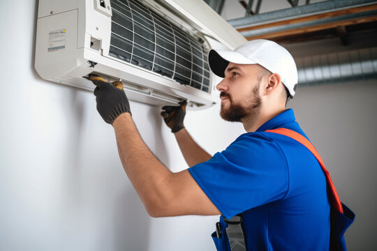 HVAC technician installing a mini split air conditioner in Frederick