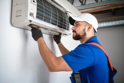 360_F_621046421_Vcay4nYa8ozdeodOQVDfES6MRrC6N3b8 Air conditioning technician servicing a wall-mounted AC unit in Frederick, CO